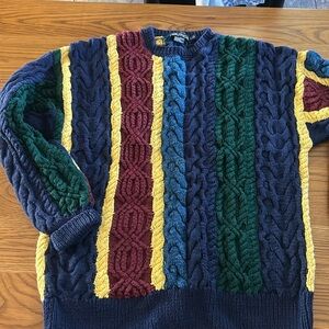 VTG 90's Nautica Blue Striped Vertical Pullover Chunky Cable Hand Knit Sweater L